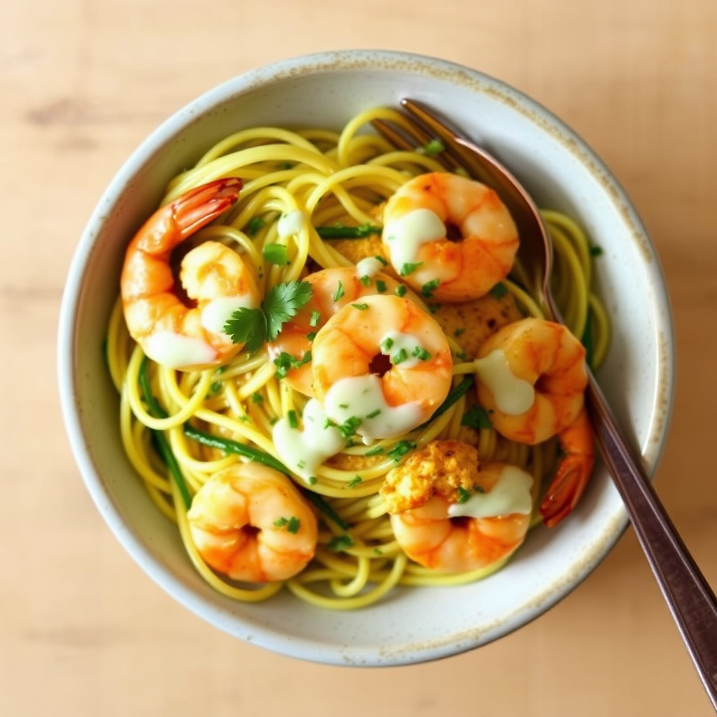 Lemon-Garlic Shrimp & Zucchini Noodles with Cilantro Lime Crema