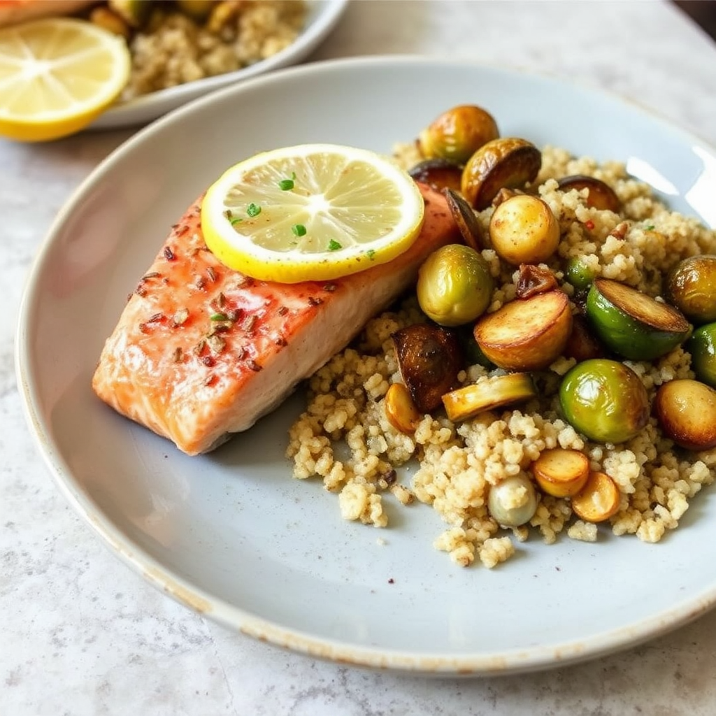 Lemon-Ginger Salmon with Roasted Brussel Sprouts and Quinoa