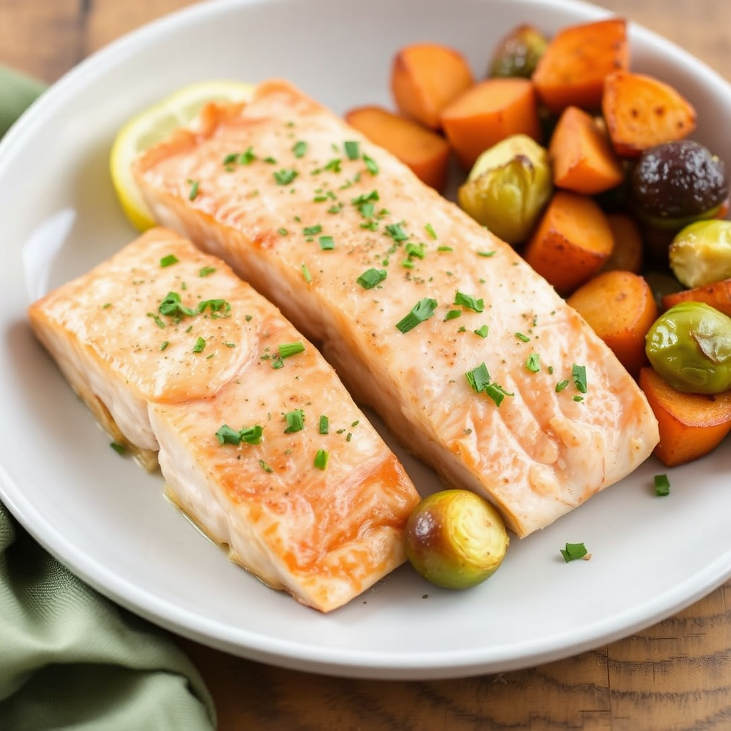 Lemon-Ginger Salmon with Roasted Sweet Potatoes and Brussels Sprouts