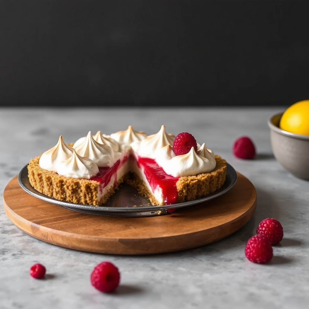 Lemon Meringue Pie with Pistachio Crust and Raspberry Coulis