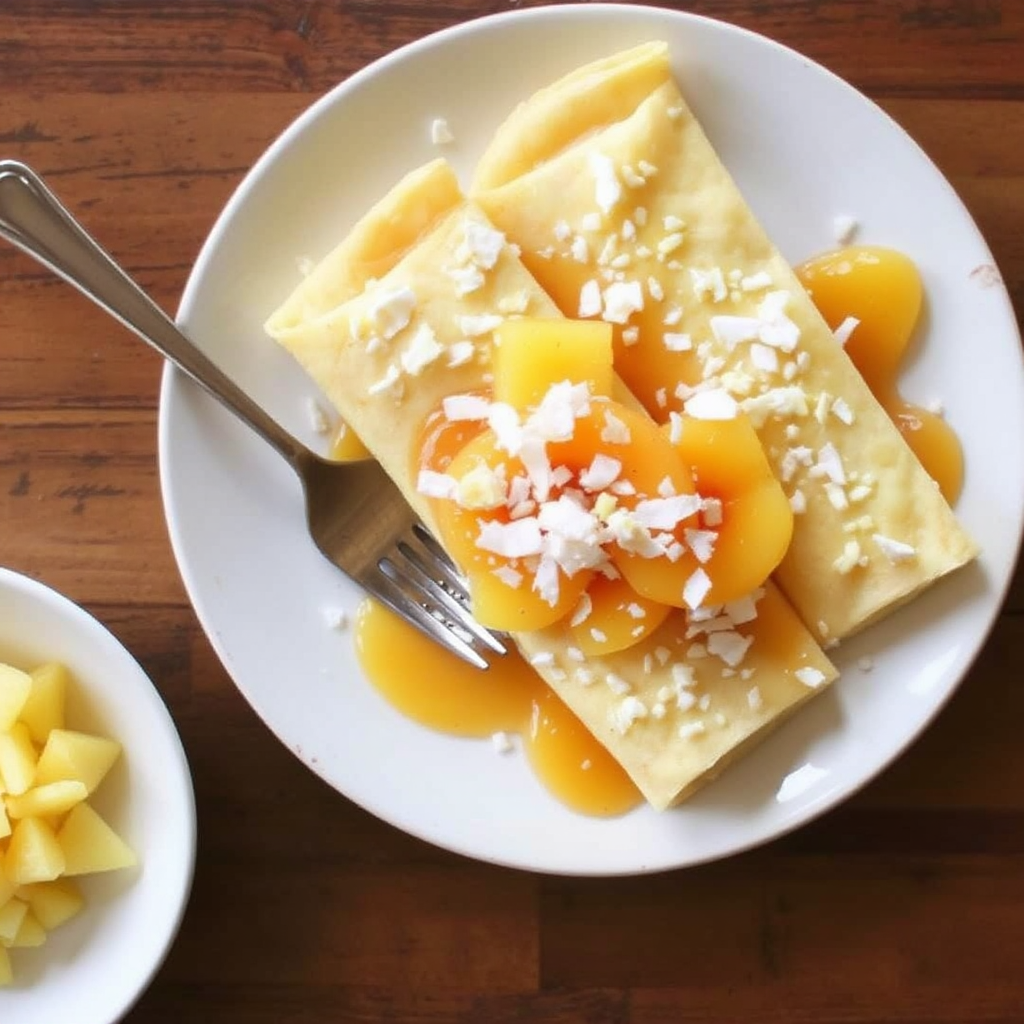 Lemon Ricotta Crepes with Caramelized Pineapple and Coconut Flakes