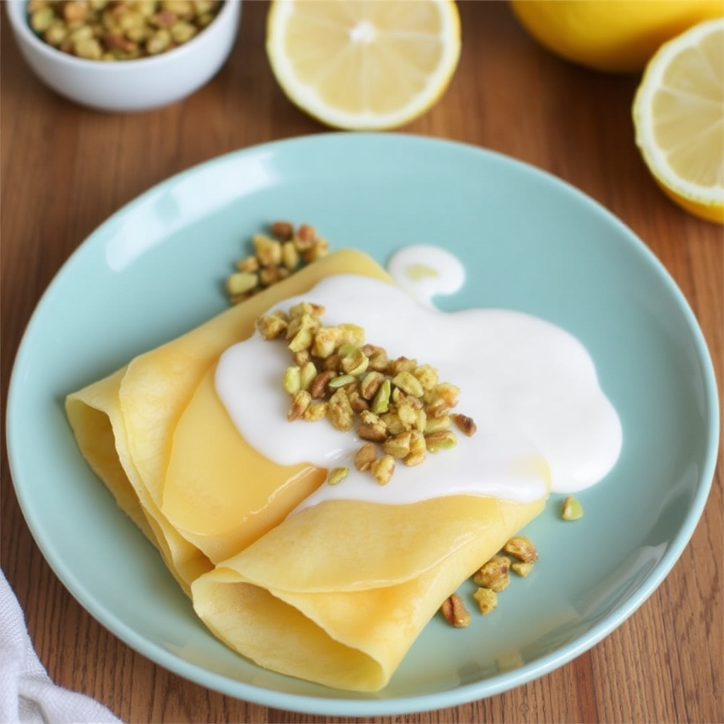 Lemon Ricotta Crepes with Honey and Pistachio Crunch