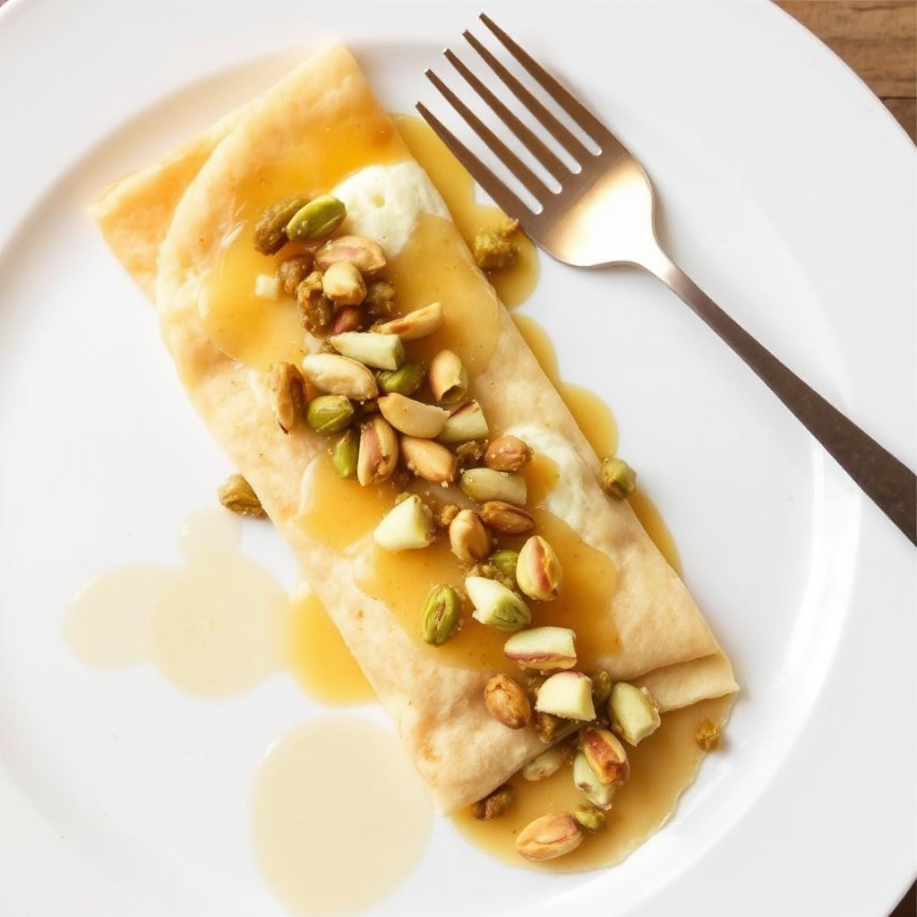 Lemon Ricotta Crepes with Honey and Pistachios