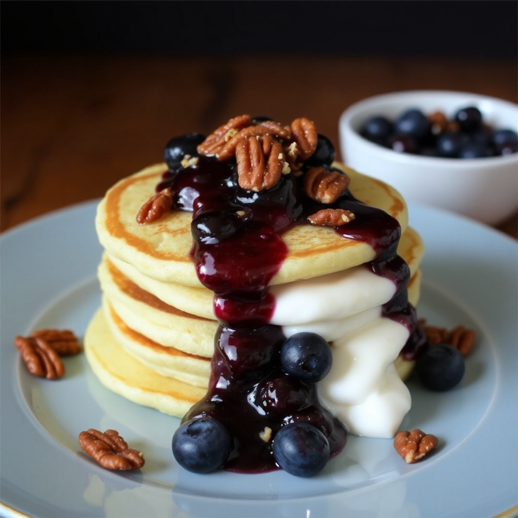 Lemon Ricotta Pancakes with Blueberry Compote and Candied Pecans