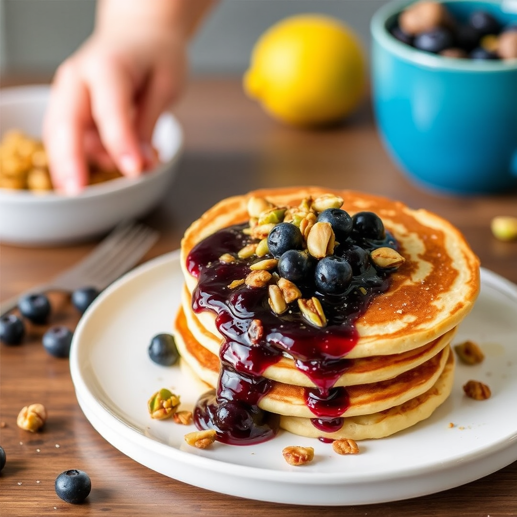 Lemon Ricotta Pancakes with Blueberry Compote and Candied Pistachios