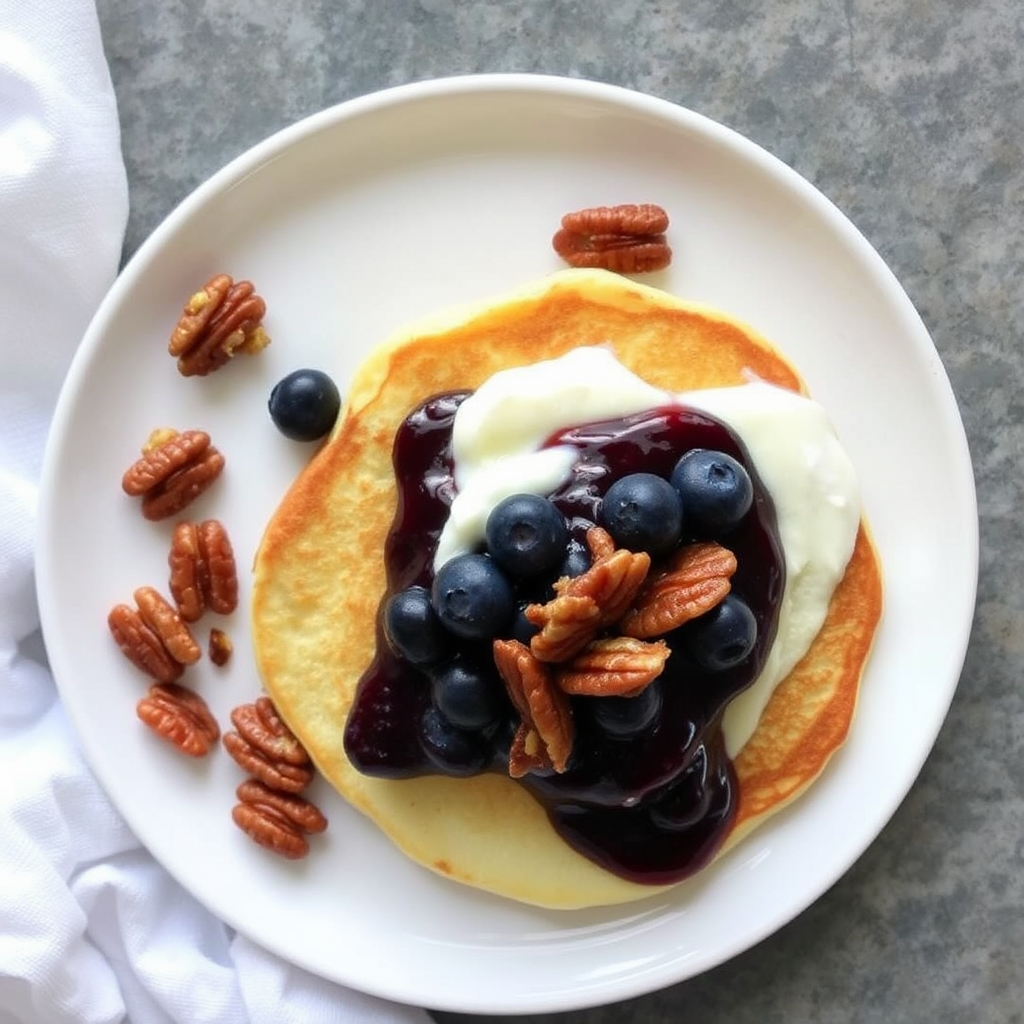 Lemon Ricotta Pancakes with Blueberry Compote and Caramelized Pecans