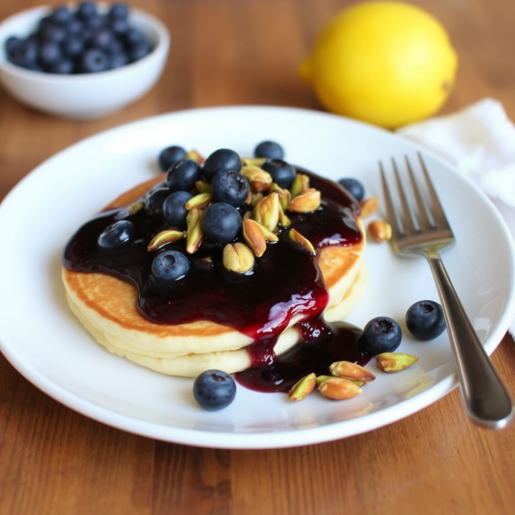 Lemon Ricotta Pancakes with Blueberry Compote and Caramelized Pistachios