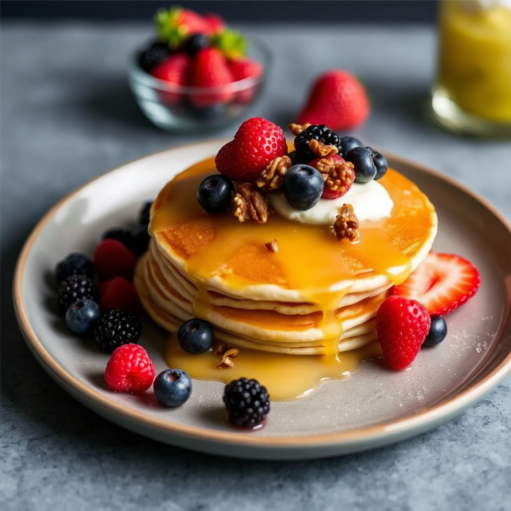 Lemon Ricotta Pancakes with Caramelized Pecans and Fresh Berries