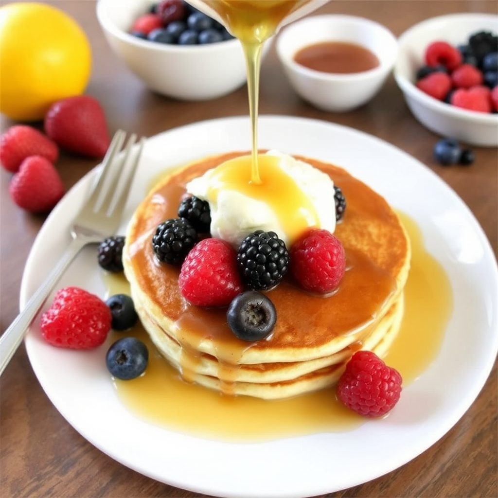 Lemon Ricotta Pancakes with Fresh Berries and Caramel Sauce