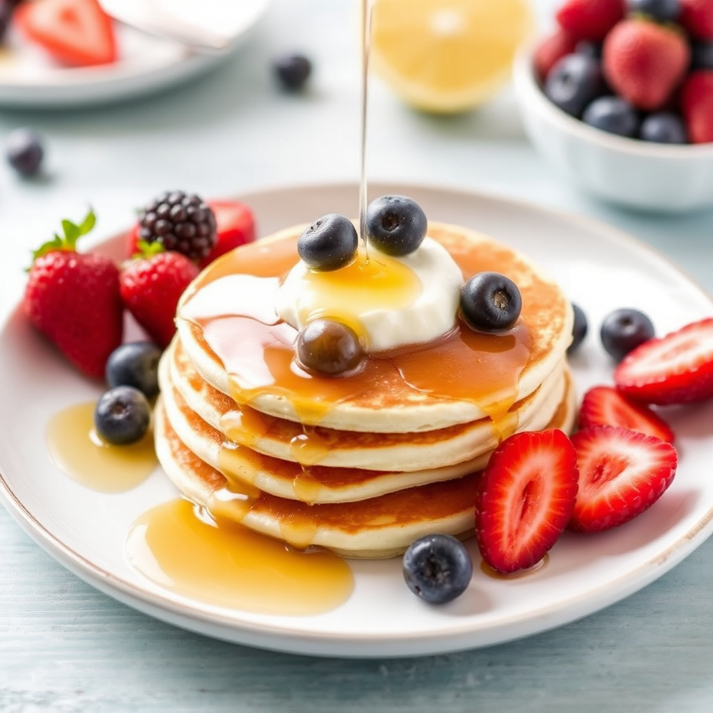 Lemon Ricotta Pancakes with Fresh Berries and Honey Syrup