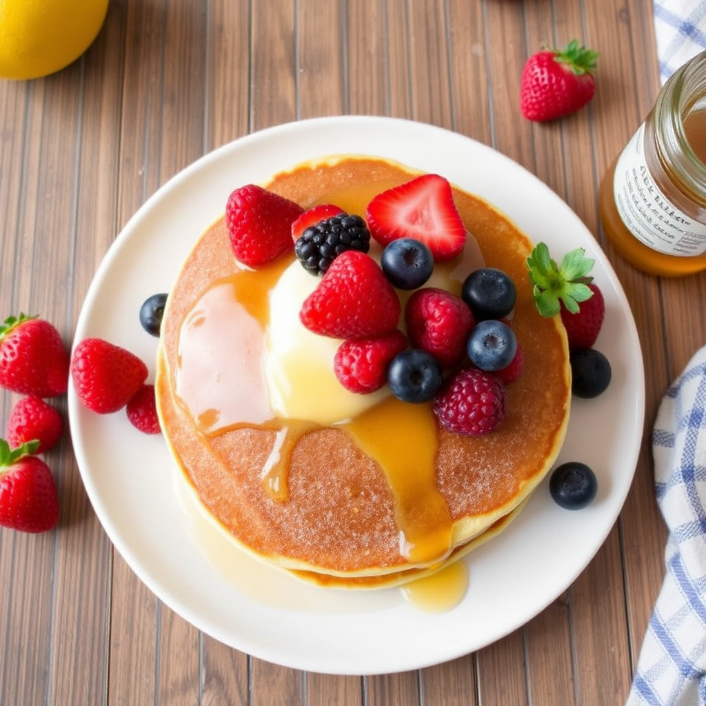 Lemon Ricotta Pancakes with Fresh Berries and Honey