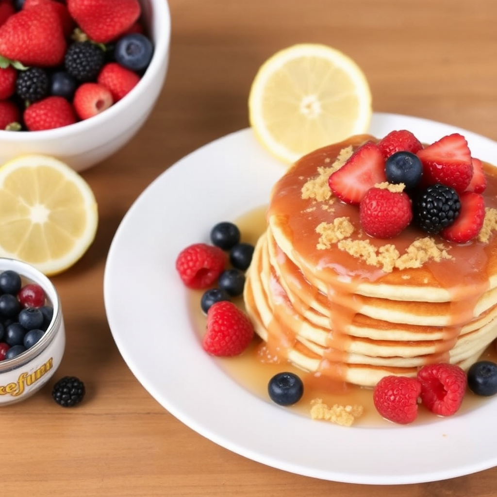 Lemon Ricotta Pancakes with Fresh Berries and Honeycomb Crumble