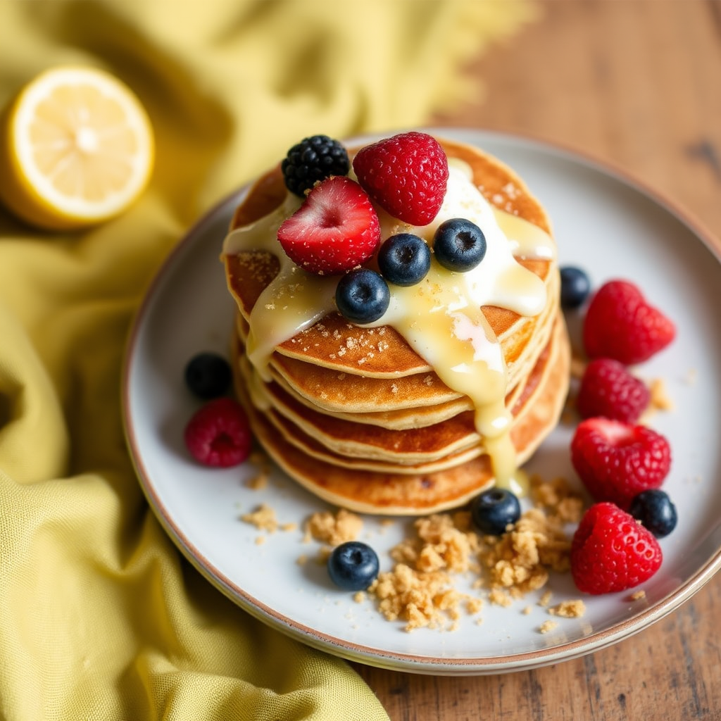 Lemon Ricotta Pancakes with Fresh Berries and Honeycomb Crumbs