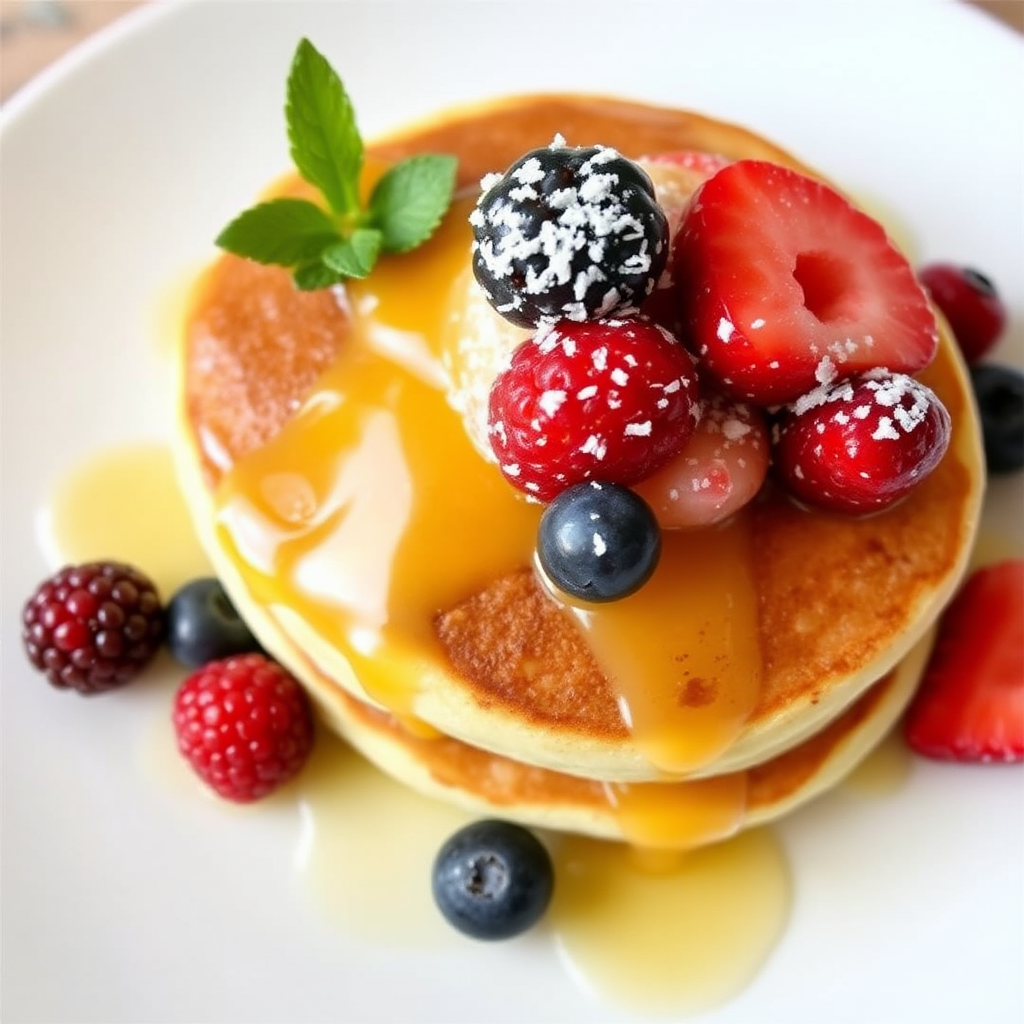 Lemon Ricotta Pancakes with Honey Glaze and Fresh Berries