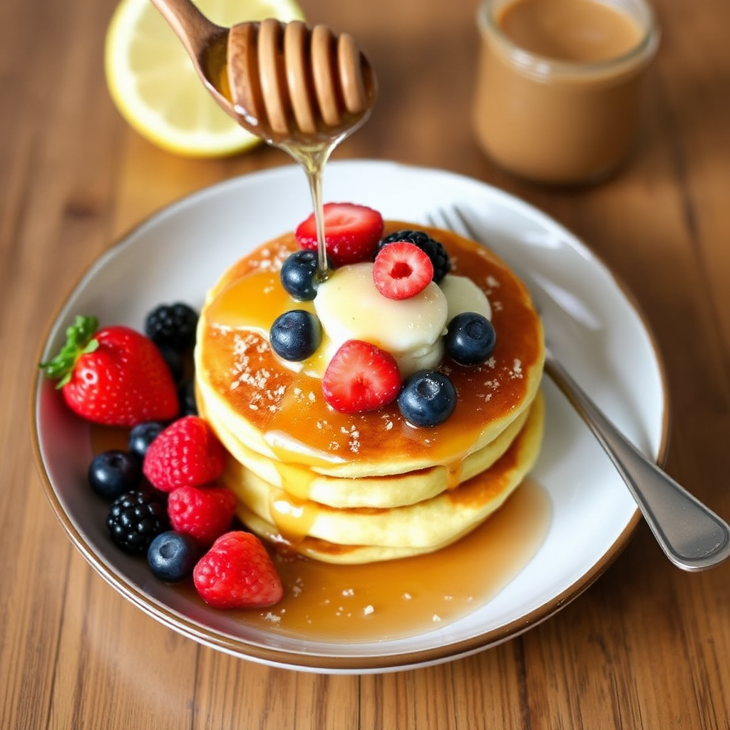 Lemon Ricotta Pancakes with Honey and Fresh Berries