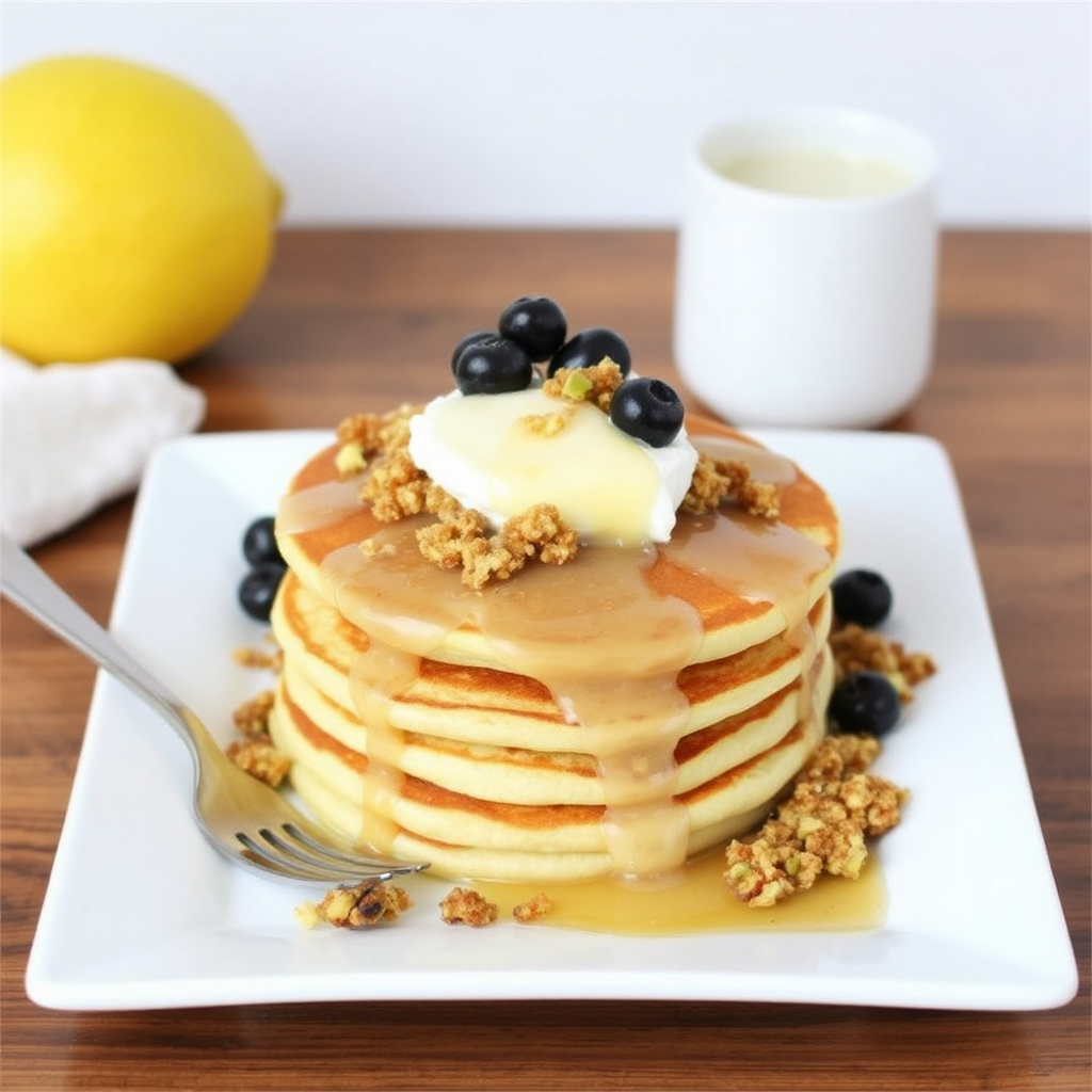 Lemon Ricotta Pancakes with Honey and Pistachio Crumble