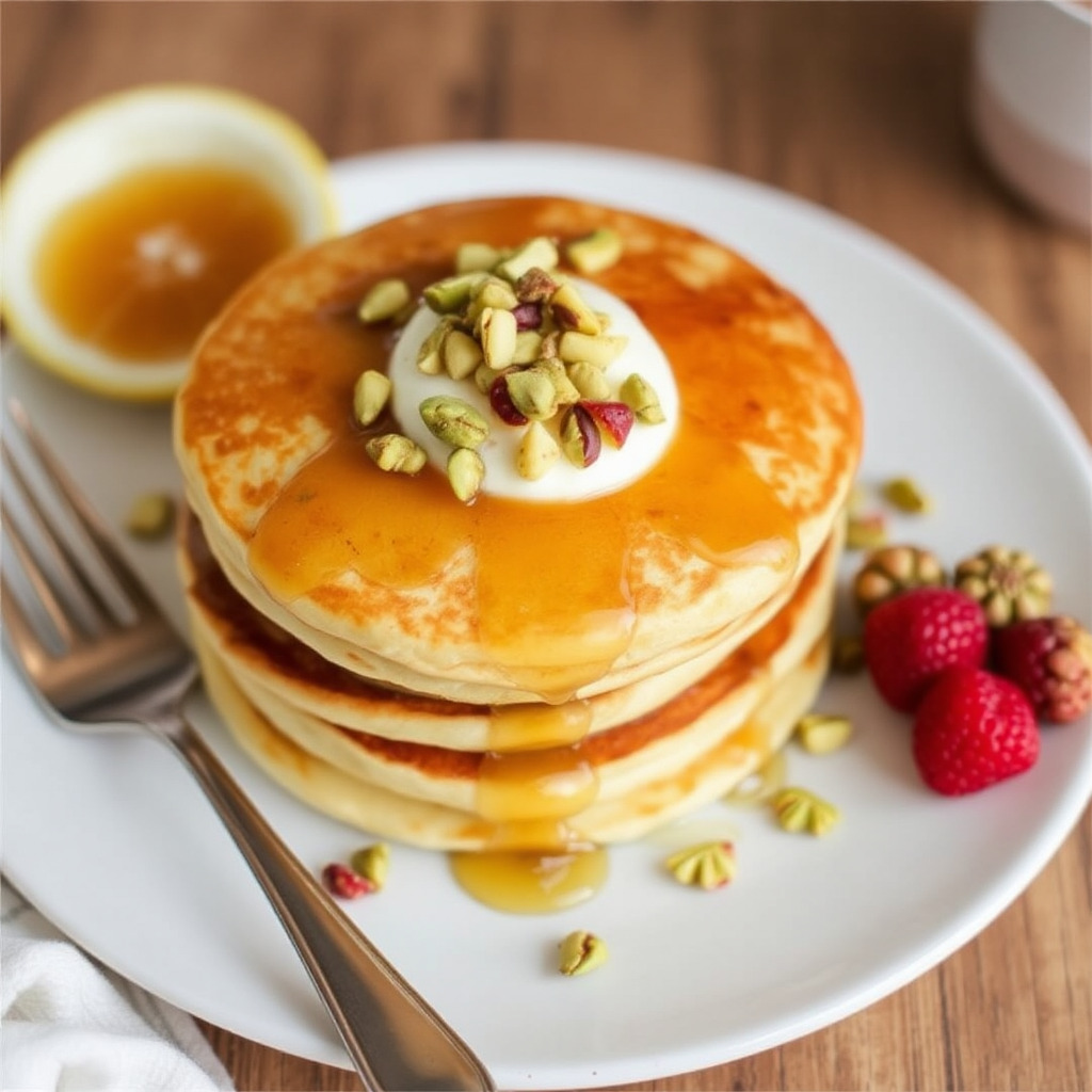 Lemon Ricotta Pancakes with Honey and Pistachios