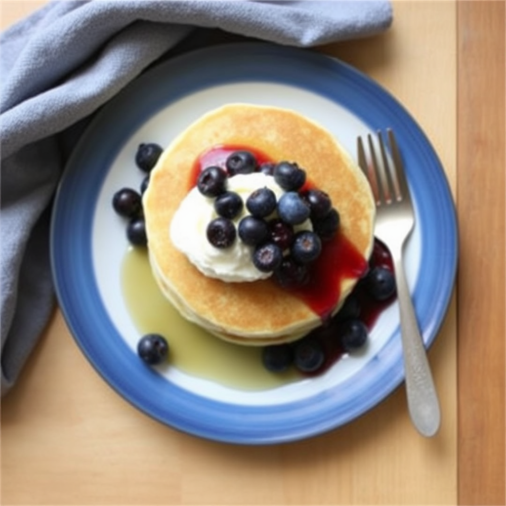 Lemon Ricotta Pancakes with Honeyed Blueberries and Mascarpone Whipped Cream