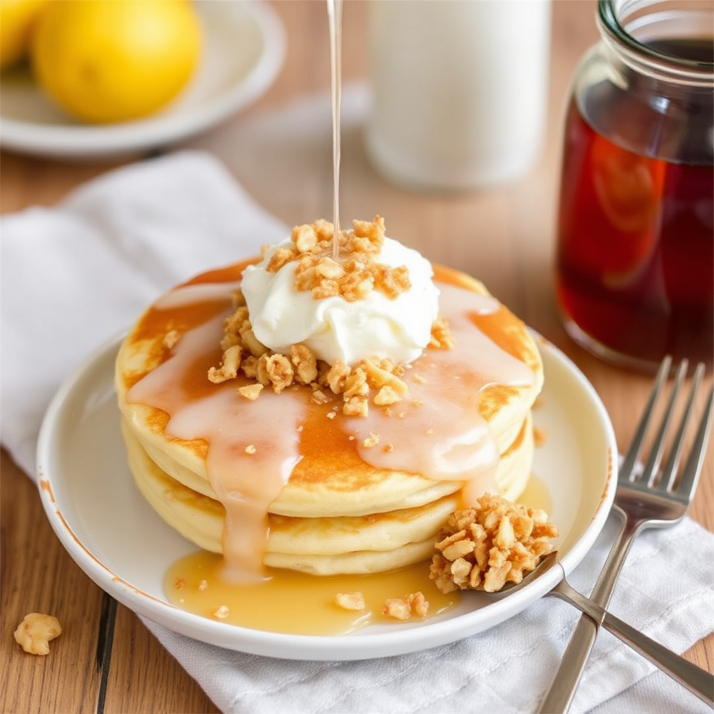 Lemon Ricotta Pancakes with Honeyed Macadamia Crunch