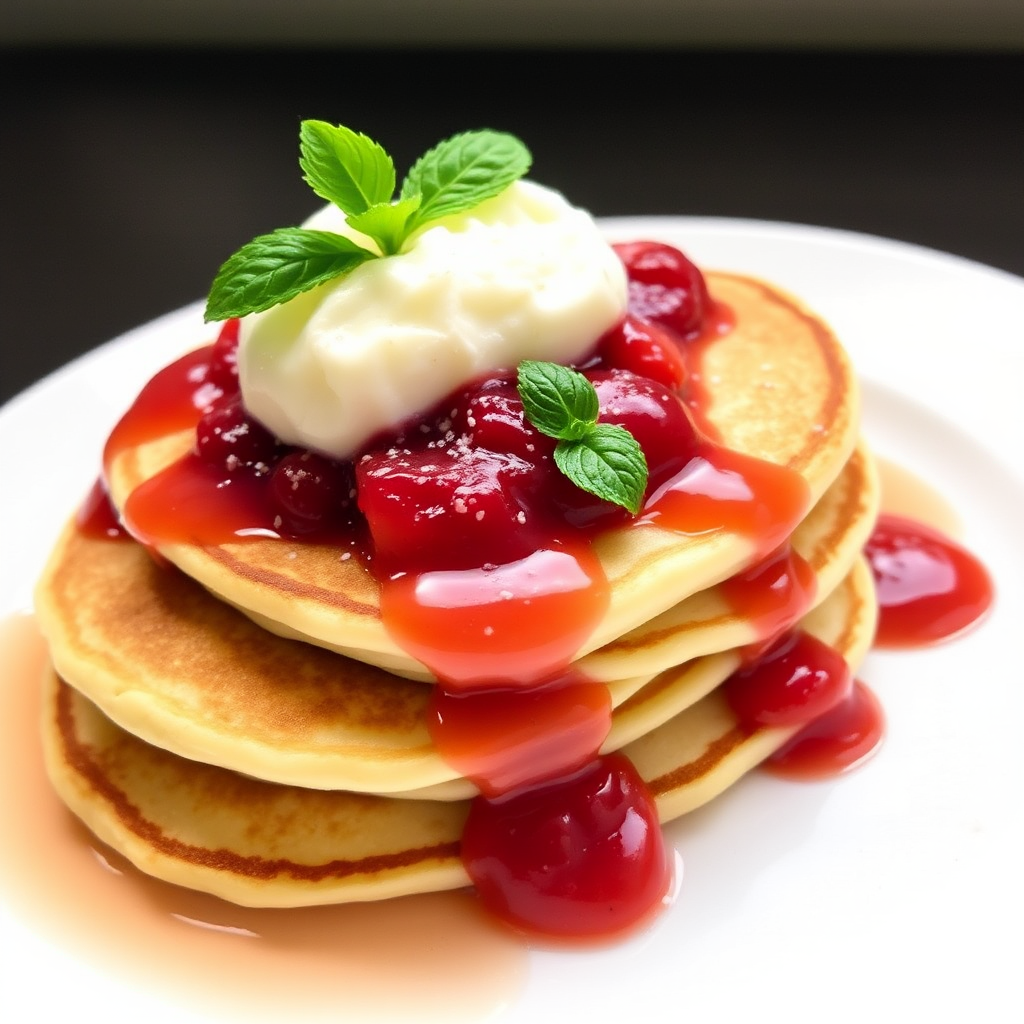 Lemon Ricotta Pancakes with Strawberry Compote and Fresh Mint