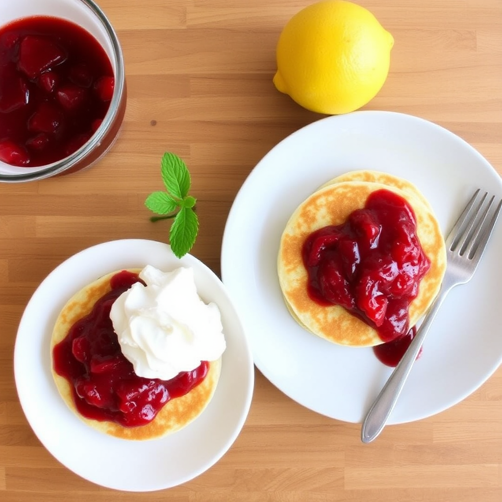 Lemon Ricotta Pancakes with Strawberry Compote and Whipped Cream