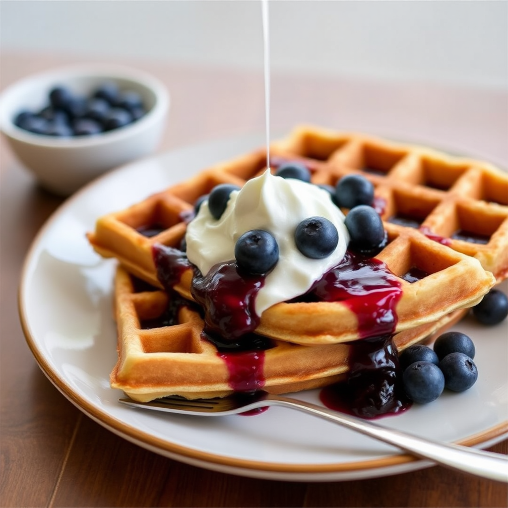 Lemon Ricotta Waffles With Blueberry Compote And Cream Cheese Whipped Topping