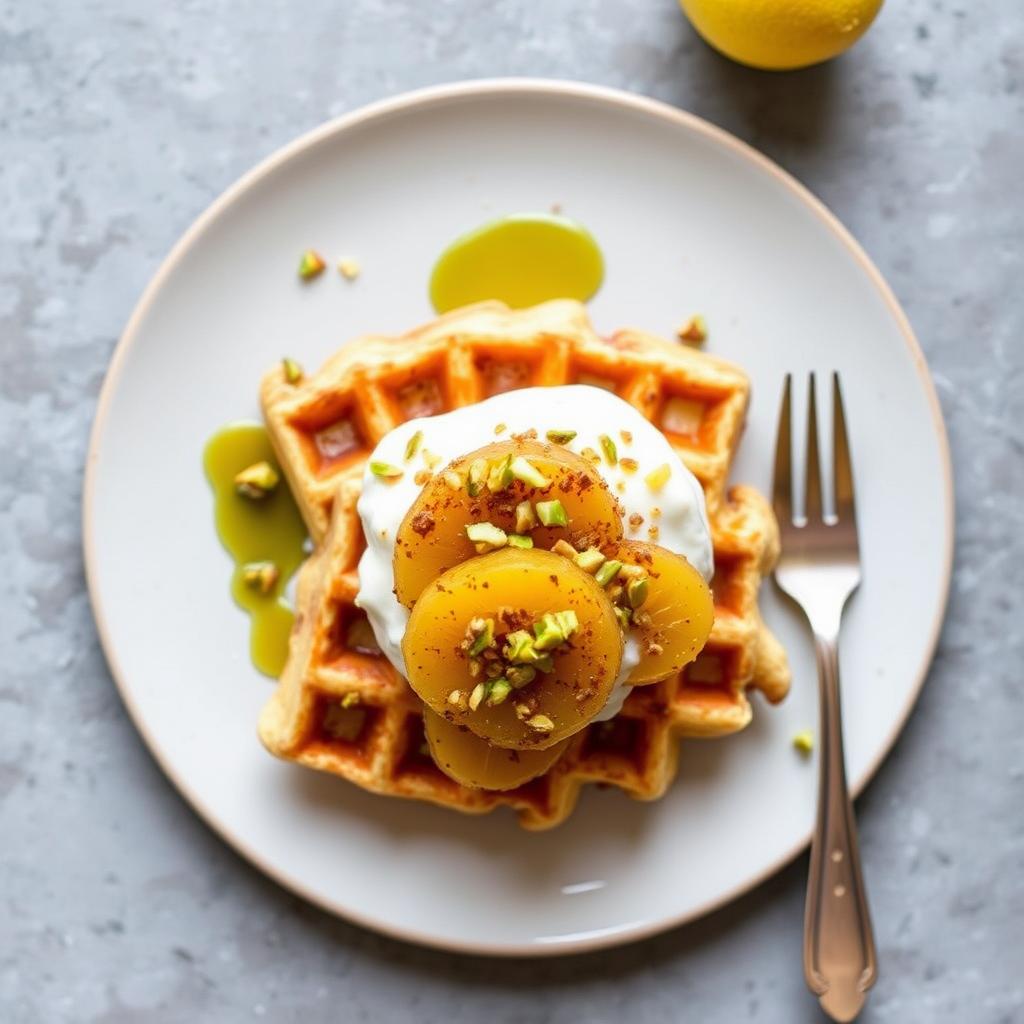 Lemon Ricotta Waffles With Caramelized Pineapple and Pistachio Crunch