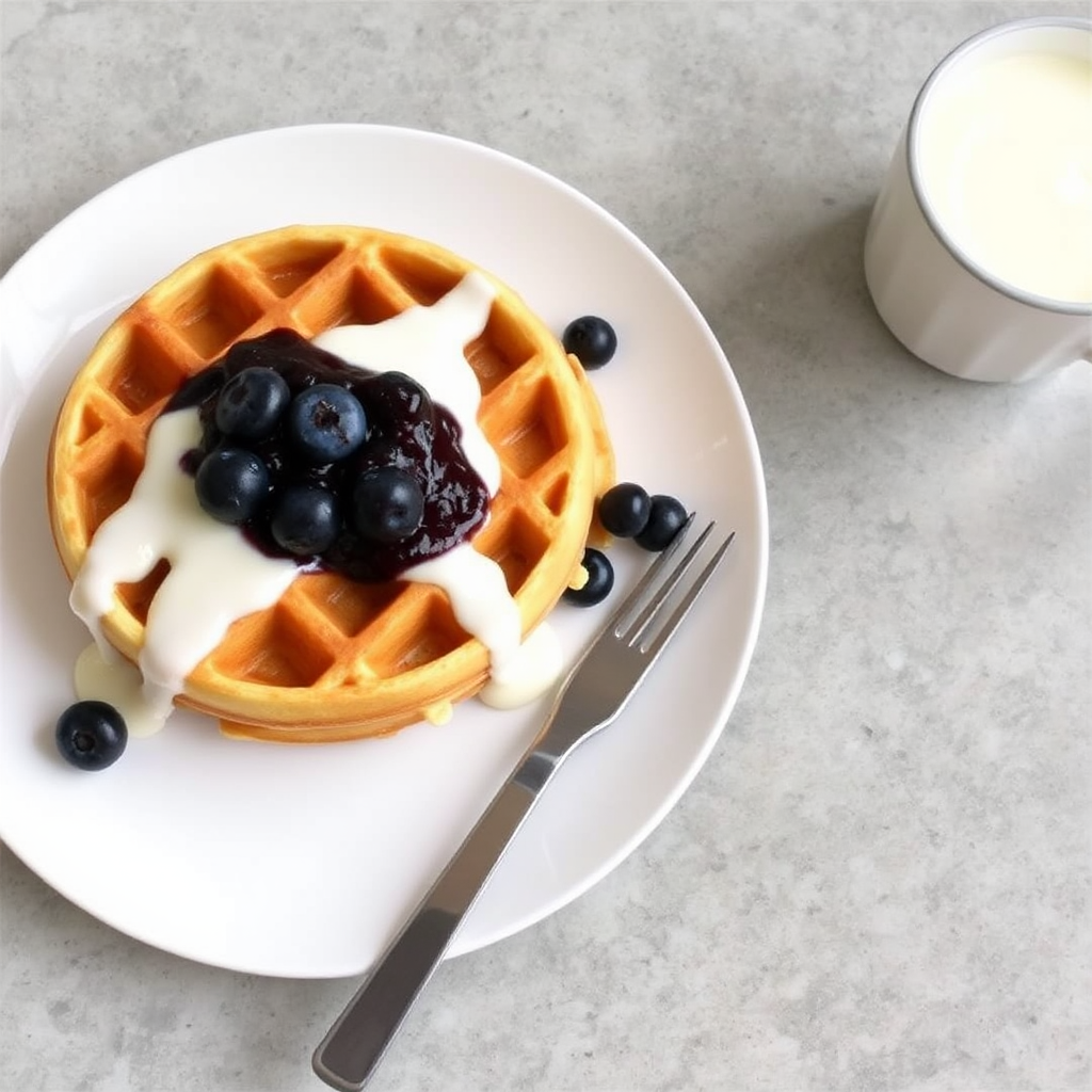 Lemon Ricotta Waffles with Blueberry Compote and Creamy Vanilla Sauce