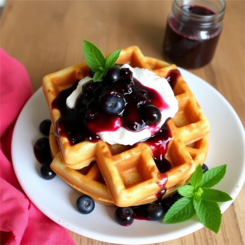 Lemon Ricotta Waffles with Blueberry Compote and Fresh Mint Whipped Cream