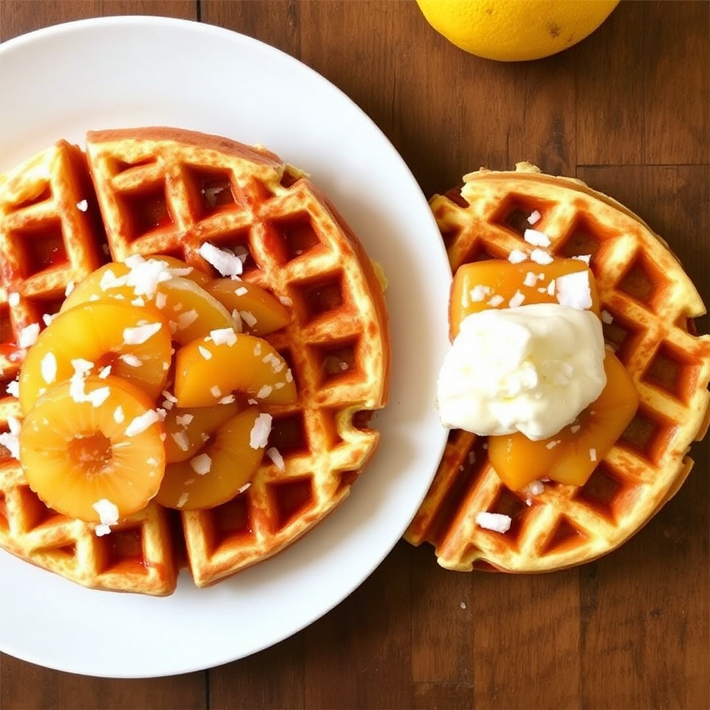 Lemon Ricotta Waffles with Caramelized Pineapple and Coconut Flakes