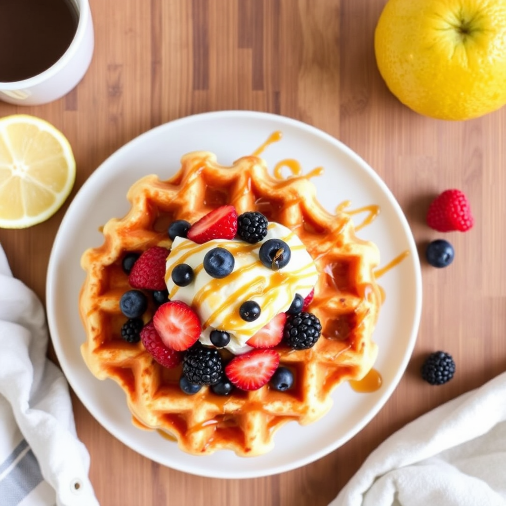 Lemon Ricotta Waffles with Fresh Berries and Caramel Drizzle