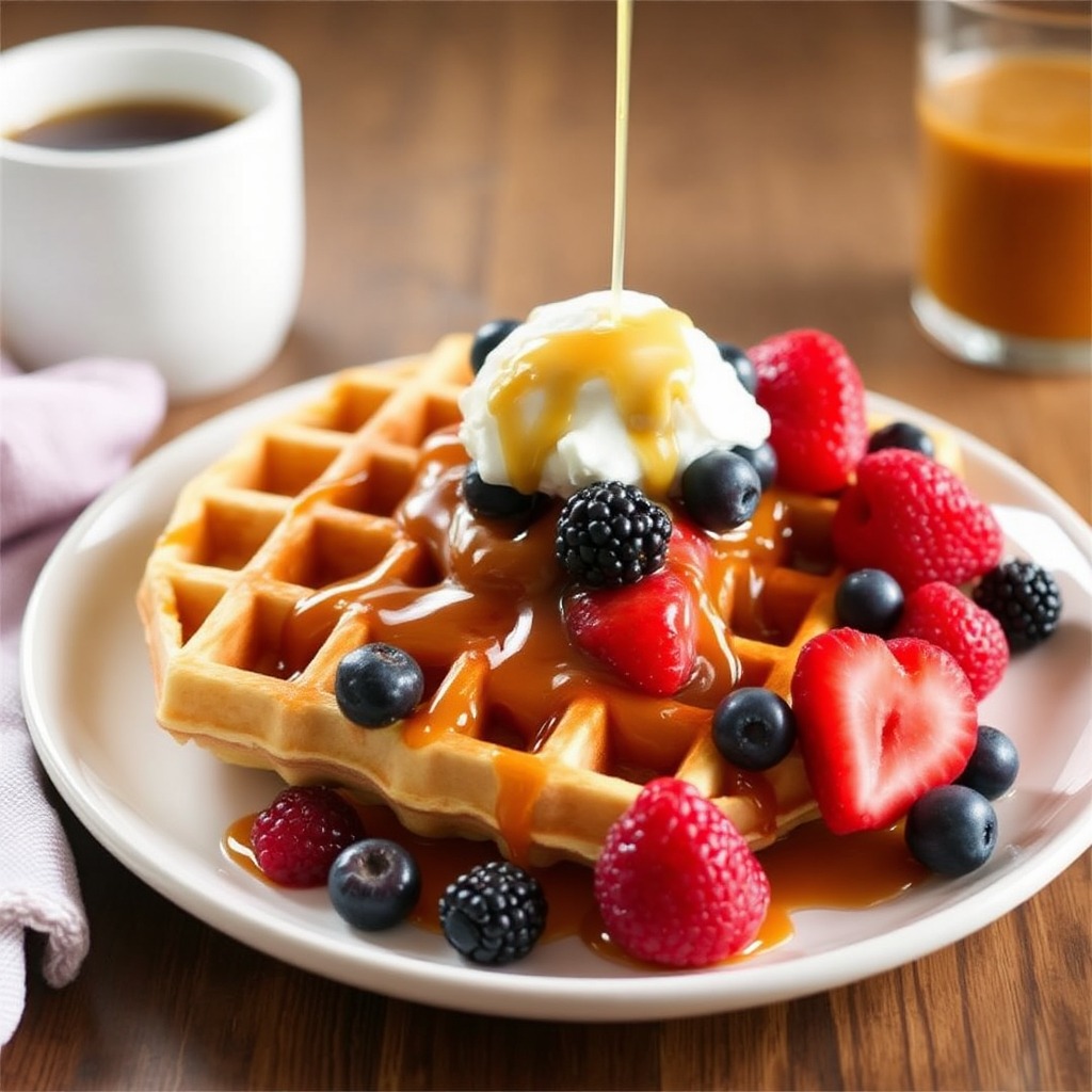 Lemon Ricotta Waffles with Fresh Berries and Caramel Sauce