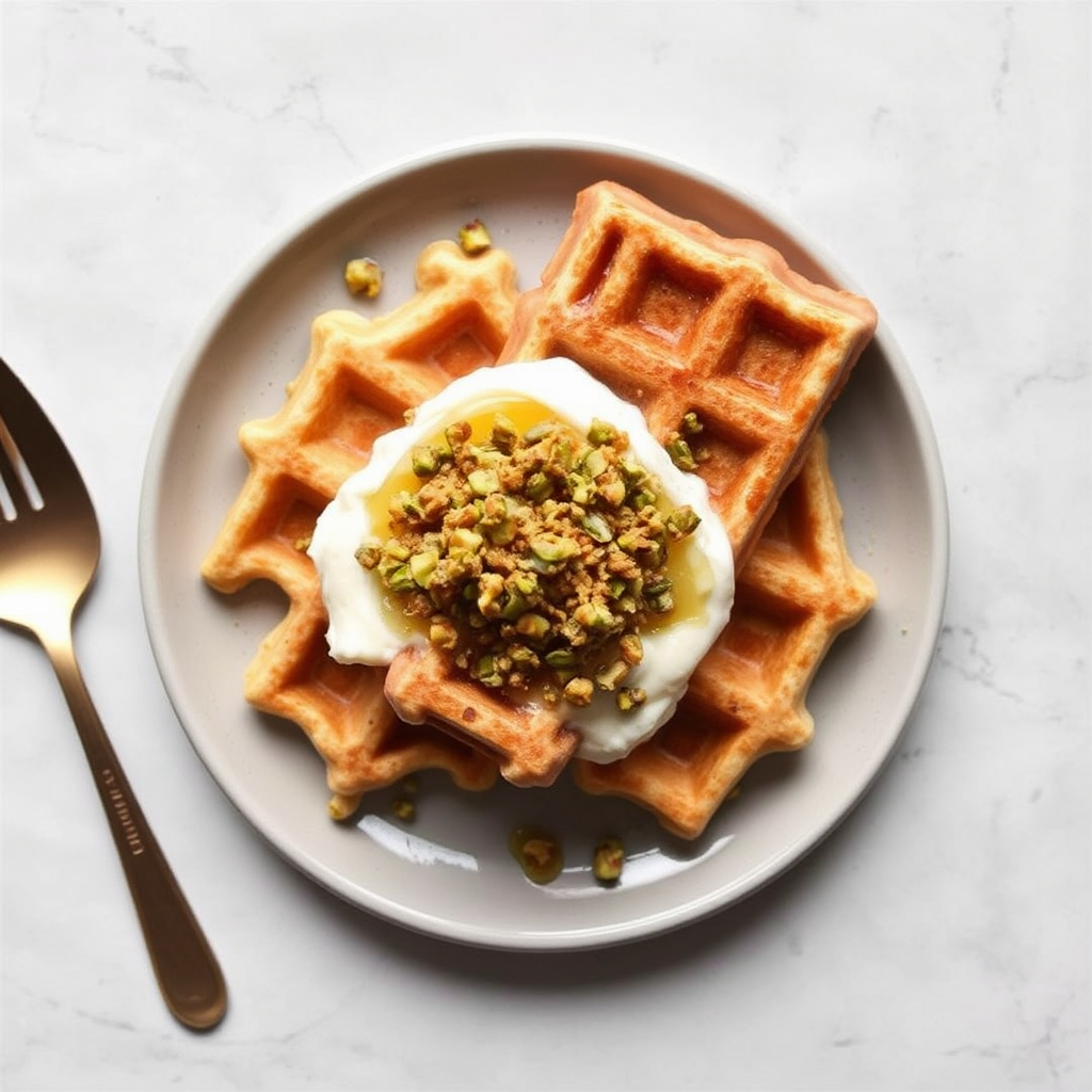 Lemon Ricotta Waffles with Honey and Pistachio Crumble