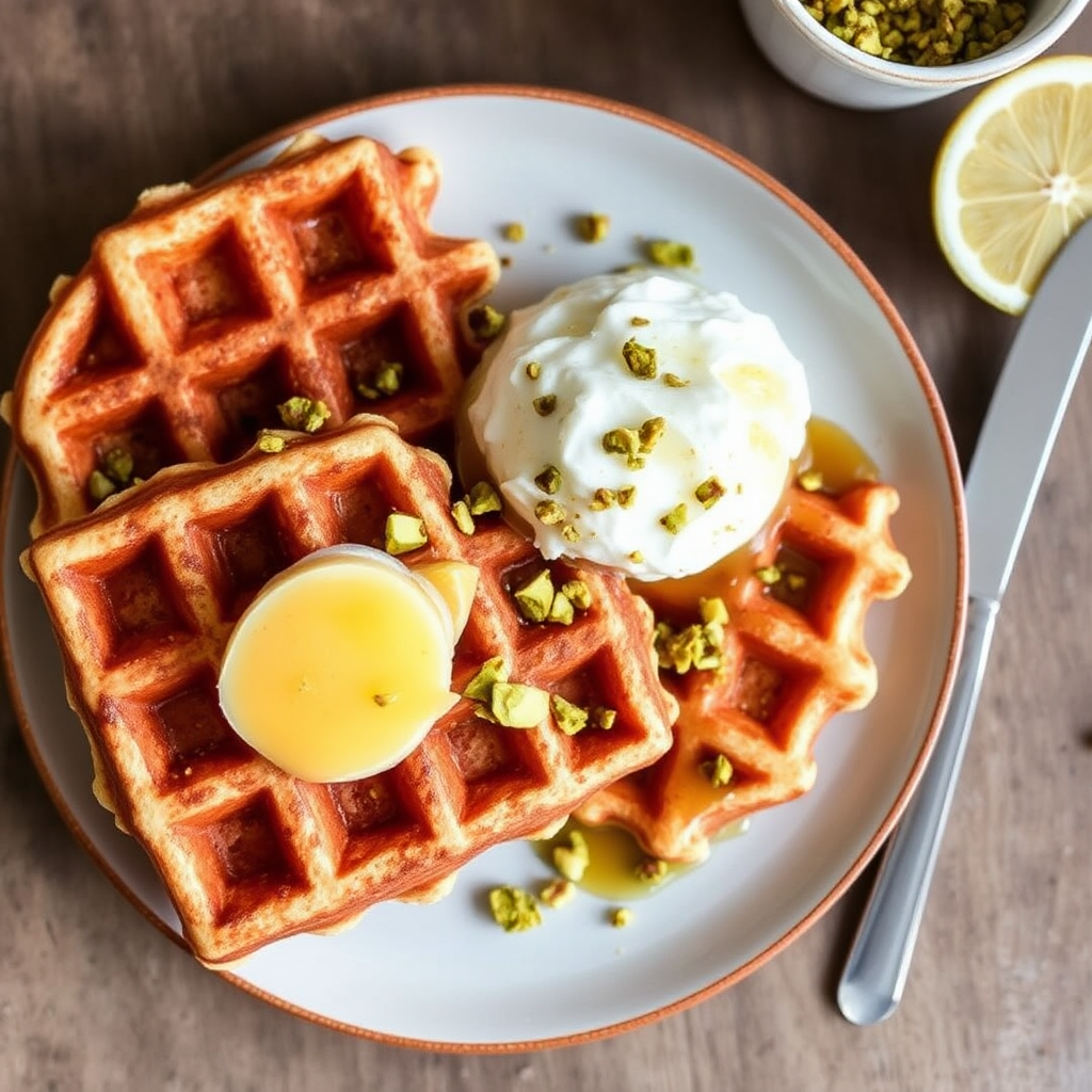 Lemon Ricotta Waffles with Honey and Pistachio Crunch