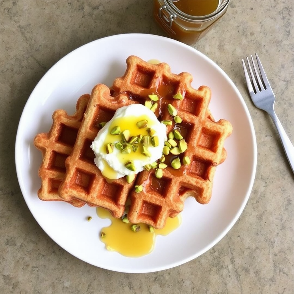 Lemon Ricotta Waffles with Honey and Pistachios