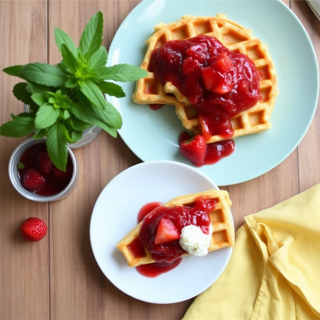 Lemon Ricotta Waffles with Strawberry Compote and Fresh Mint