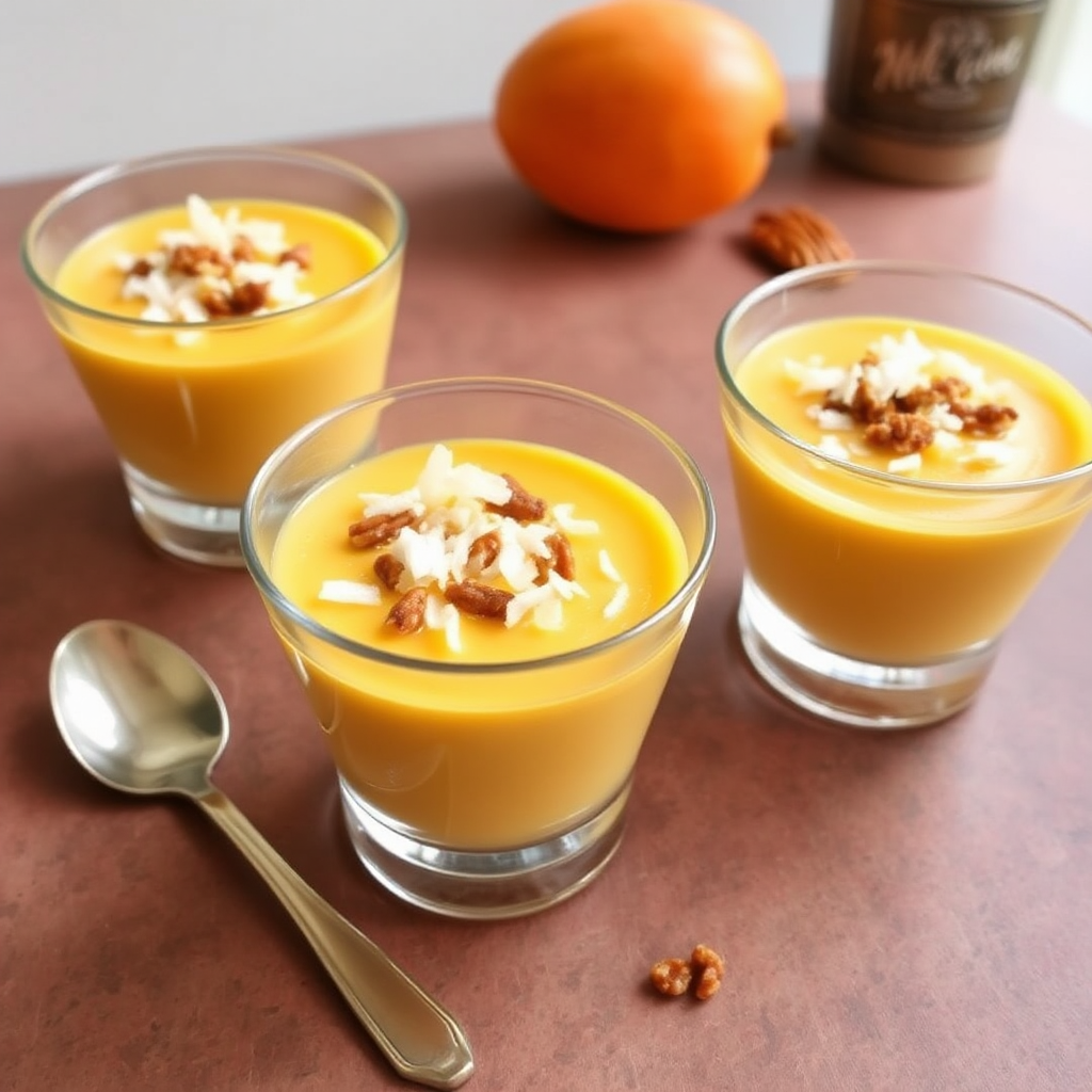 Mango Mousse with Coconut Flakes and Pecan Praline