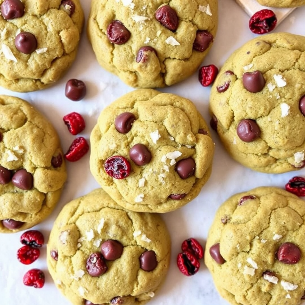 Matcha Chocolate Chip Cookies with Coconut Flakes and Dried Cranberries