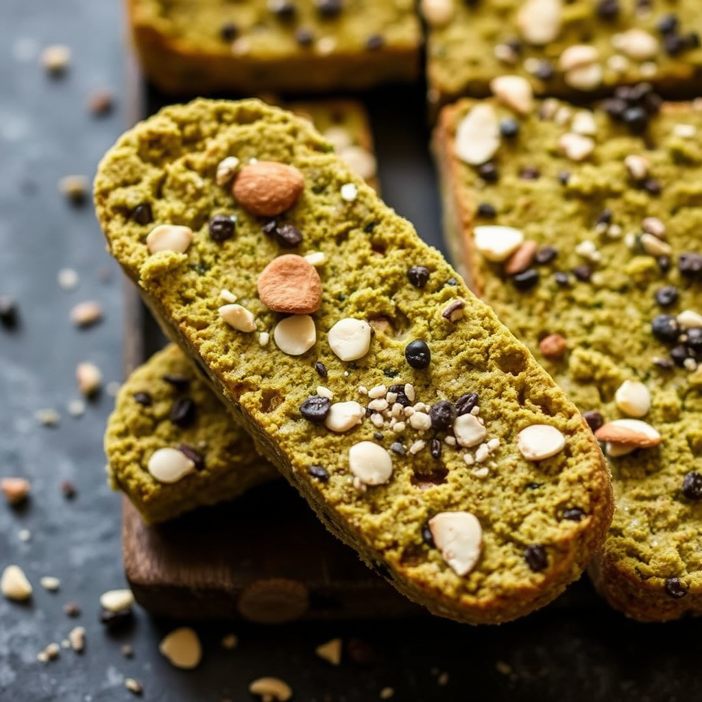 Matcha Green Tea Almond Biscotti with Black Sesame Crumble