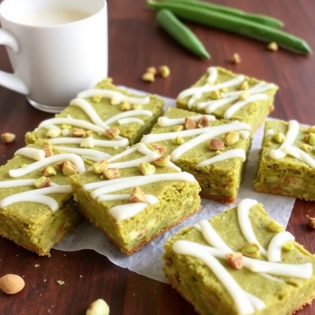 Matcha Green Tea Blondies with White Chocolate and Pistachio