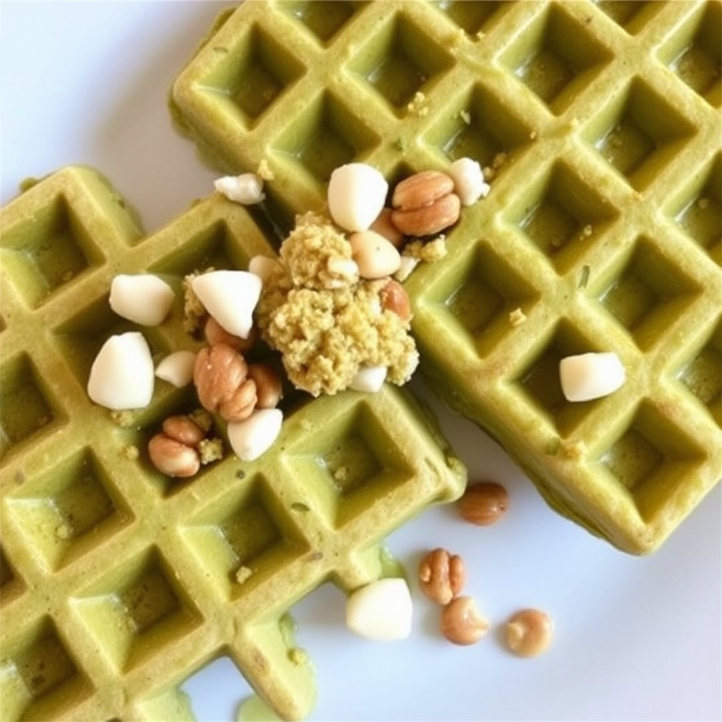 Matcha Green Tea Waffles with White Chocolate and Macadamia Nut Crumble