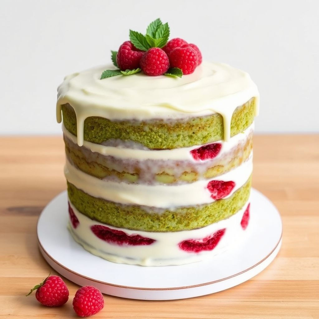 Matcha Layer Cake with Raspberry Swirls and White Chocolate Ganache