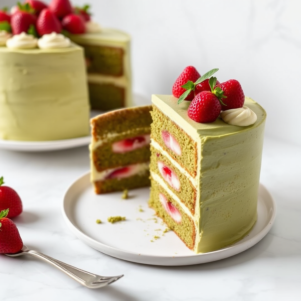 Matcha Layer Cake with Strawberry-Basil Swirl