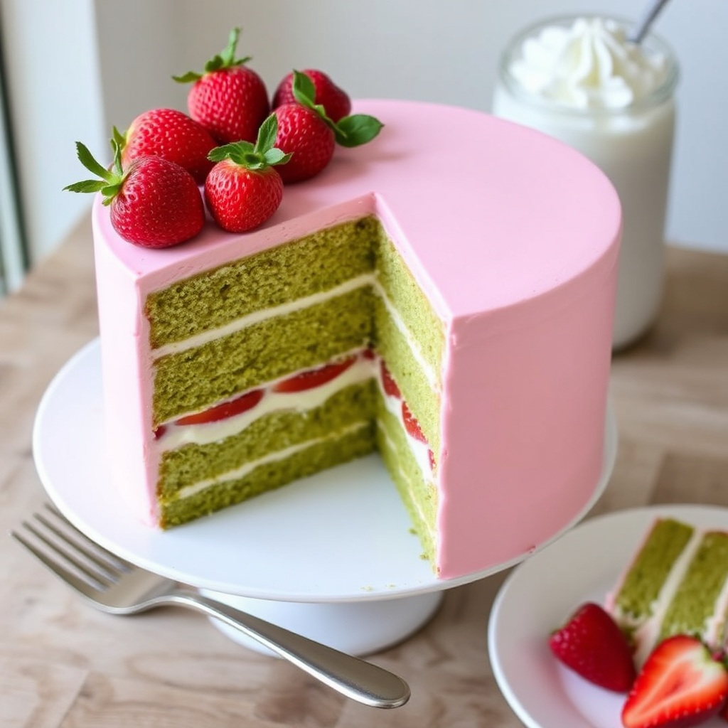 Matcha Layer Cake with Strawberry Mousse and Coconut Cream