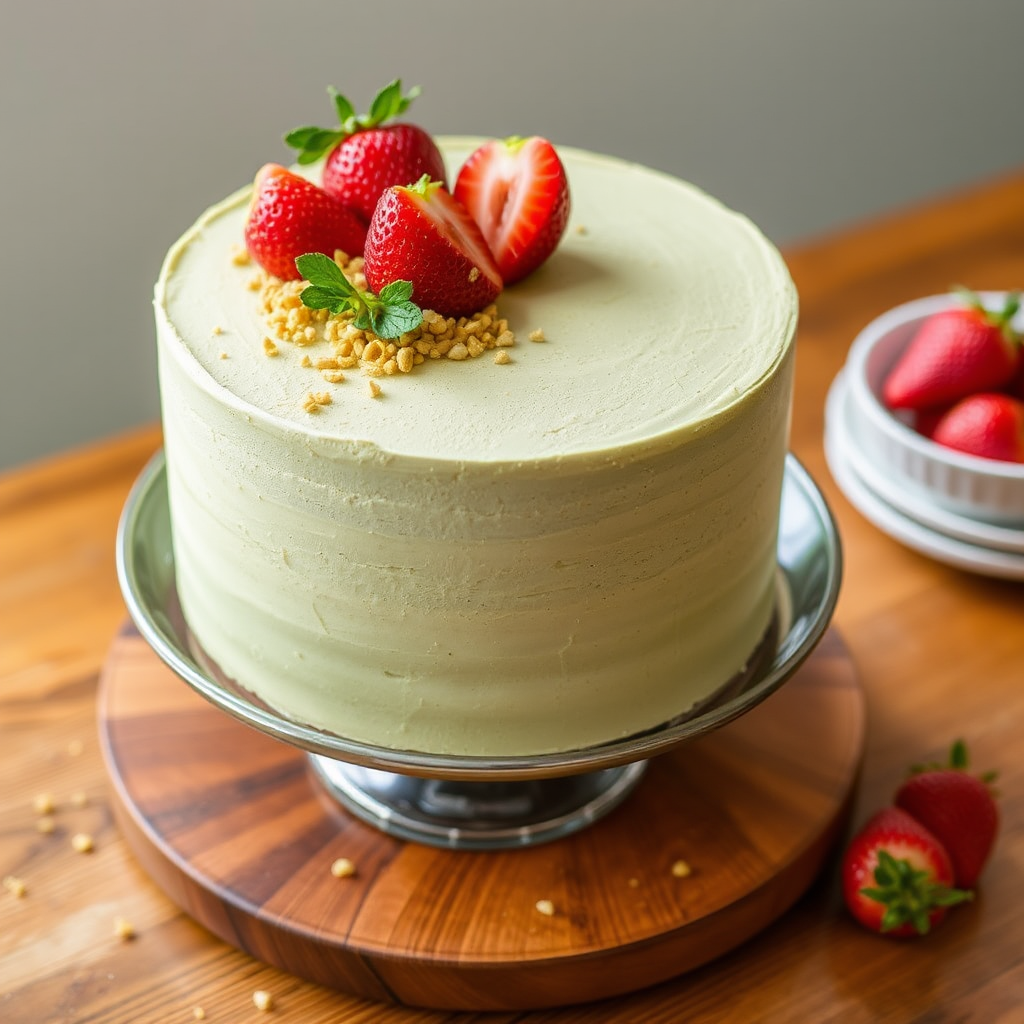 Matcha Layer Cake with Strawberry Mousse and Pistachio Crunch