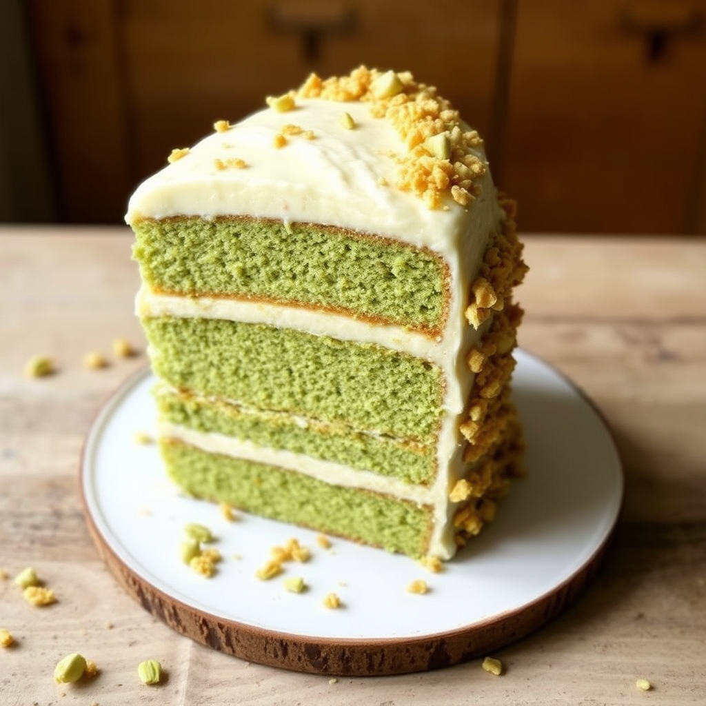 Matcha Layer Cake with White Chocolate Frosting and Pistachio Crunch