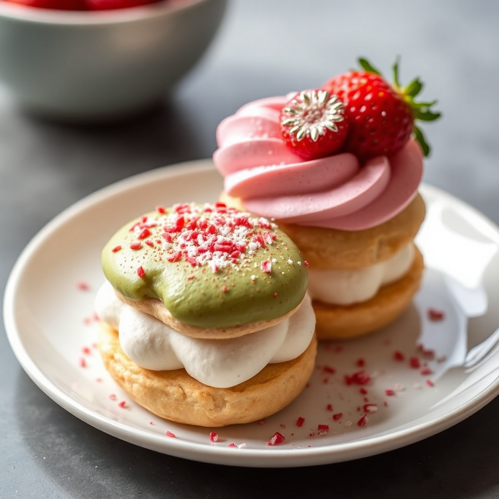 Matcha and Strawberry Tiramisu Cream Puffs