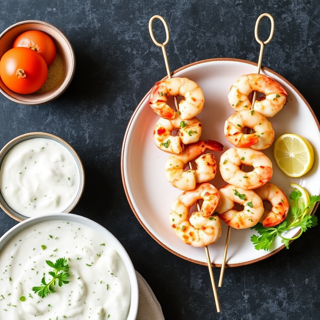 Mediterranean Shrimp Skewers with Lemon-Herb Yogurt Dip