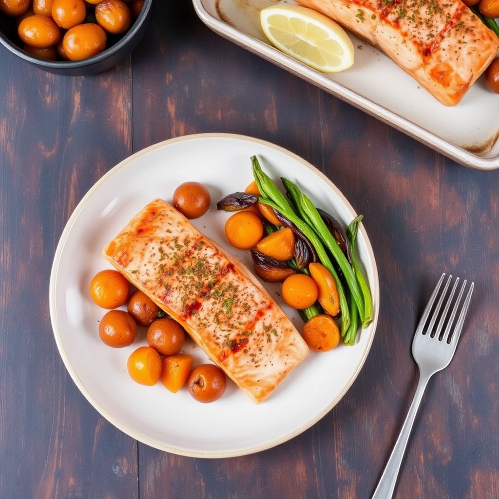 Moroccan Spiced Salmon with Roasted Sweet Potatoes and Apricots