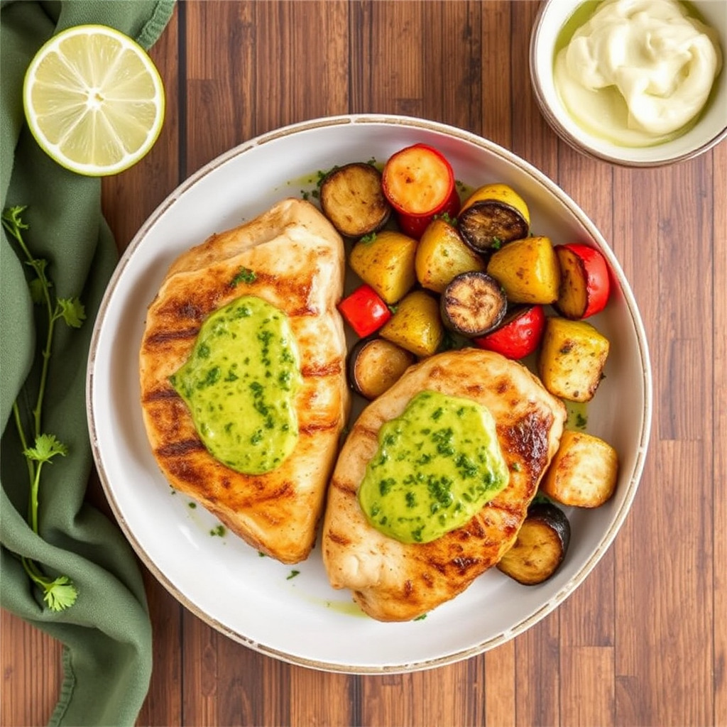 Pan-Seared Chicken Breasts with Cilantro-Lime Butter and Roasted Vegetables